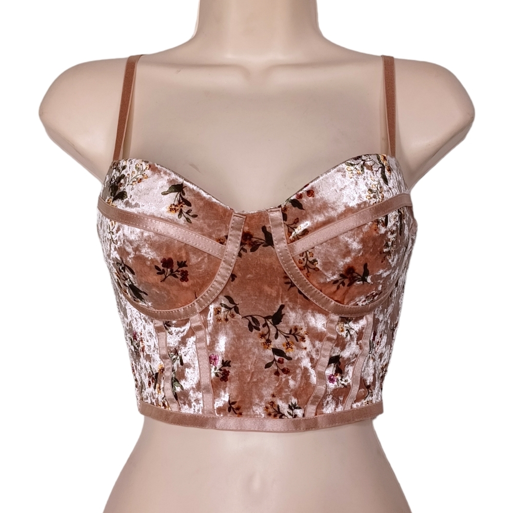 HAUTE MONDE Pink Floral Print Velvet Spaghetti Strap Crop Corset Top X-Small
